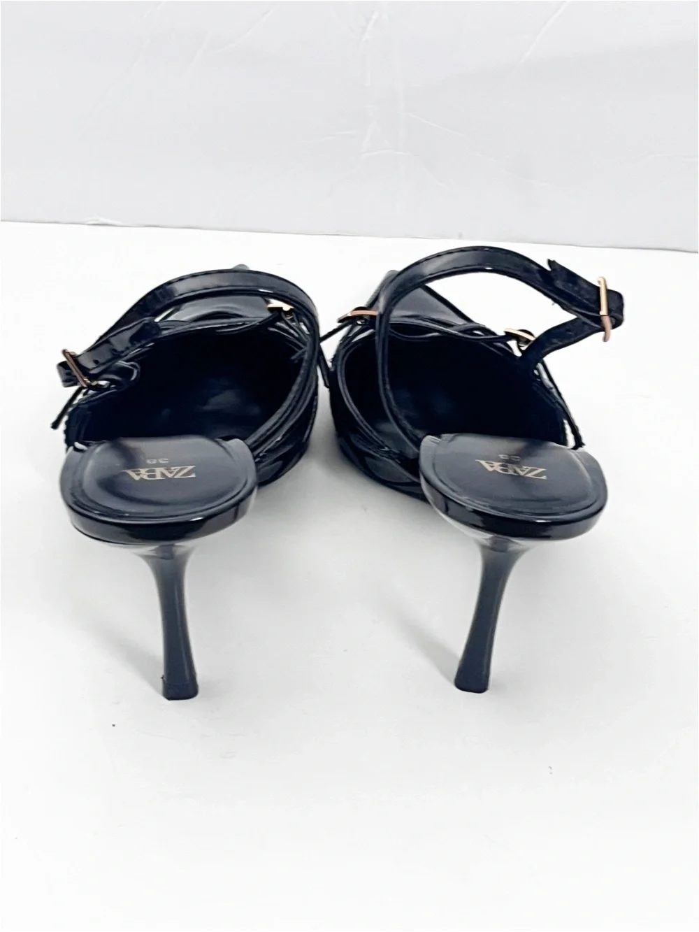 ZARA Black Patent Leather Strappy Pointy Toe Slingback Heels Size 38 Classic